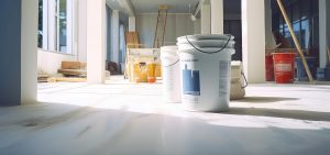 Paint buckets and other paint supplies in building