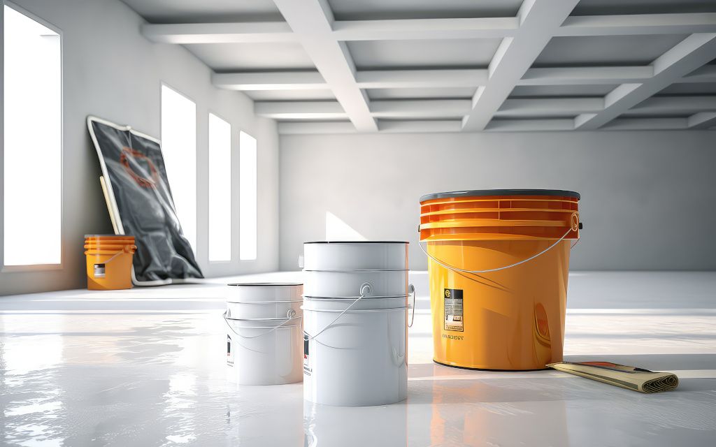 Paint buckets and equipment in building