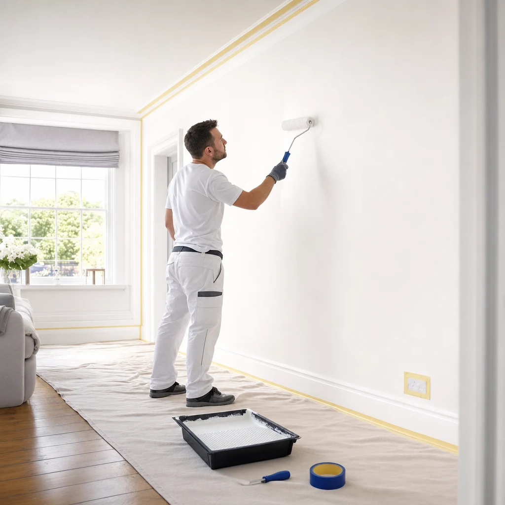 Professional painter rolling white paint onto an interior wall in a tidy room.