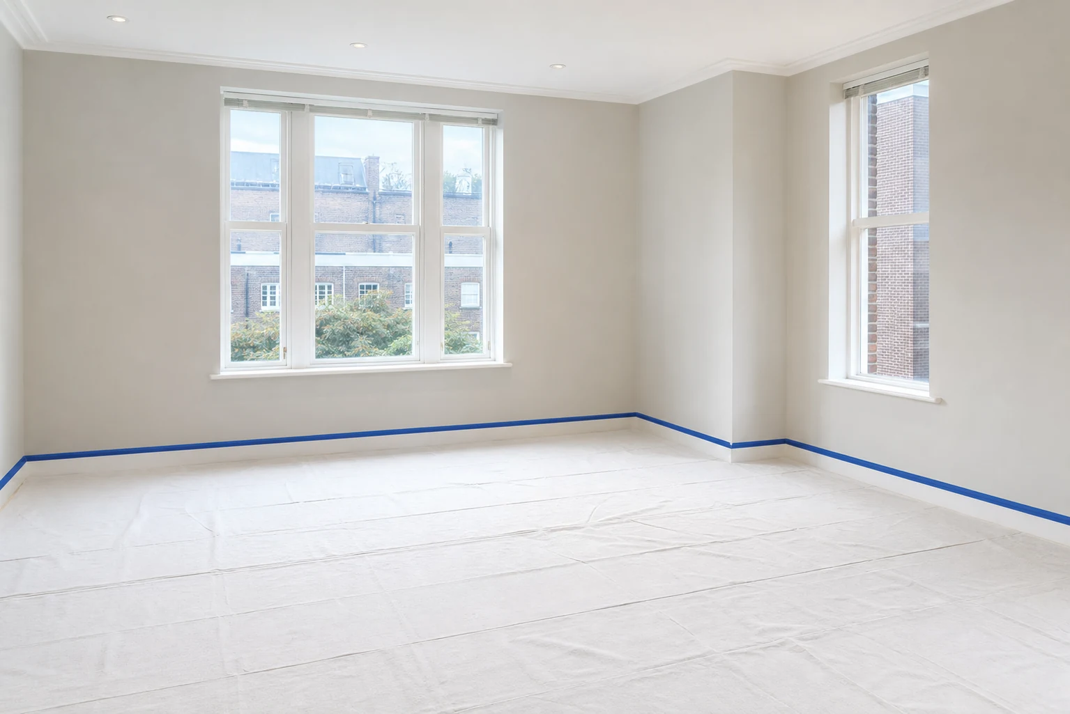 Empty office room with dust sheets and neatly masked skirting boards.