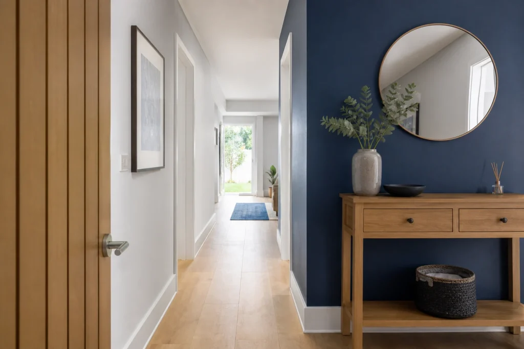 Freshly decorated hallway with neat painted woodwork