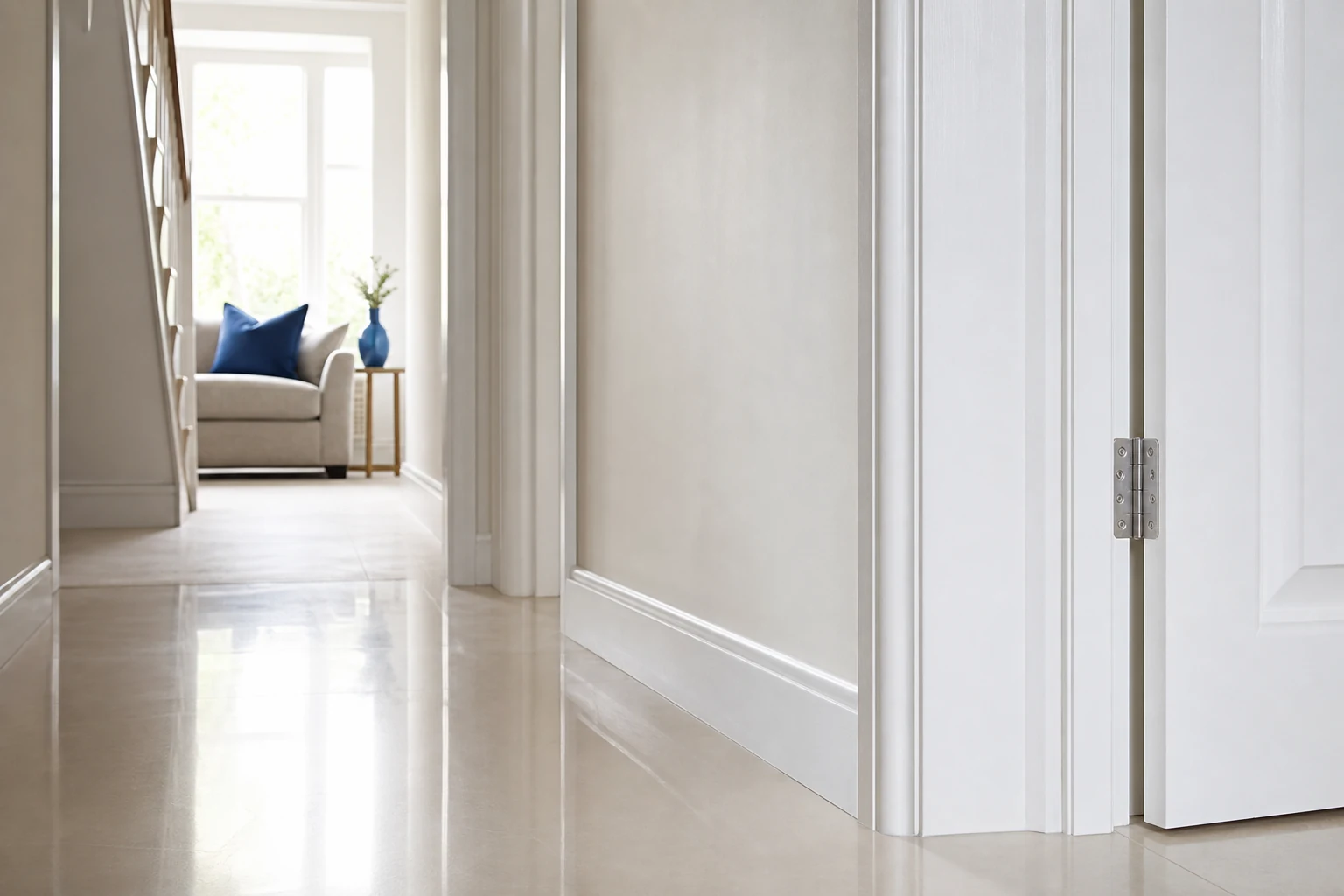Fresh satin paint finish on white door frame and skirting board