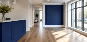 Clean commercial reception with neutral walls, white trim and deep blue accents